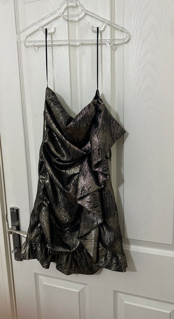 Sarı Simli fırfırlı Drapeli Mini Abiye Elbise - Görsel 2