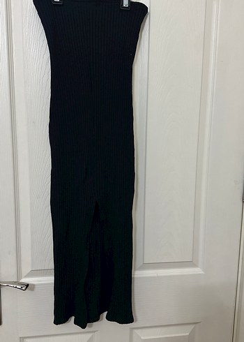 Siyah Straplez Uzun Elbise triko vücudu saran arka yırtmaç - Görsel 3