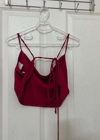 Bordo saten Bralet sırtı bağlamalı degaje yaka koton - Görsel 2