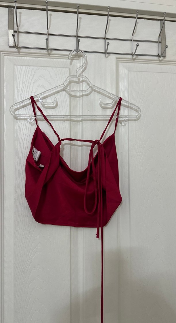 Bordo saten Bralet sırtı bağlamalı degaje yaka koton - Görsel 2