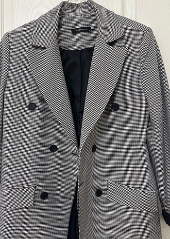 Düğmeli Gri Ekose Kadın Blazer Ceket trendyolmilla vatkalı uzun - Görsel 2