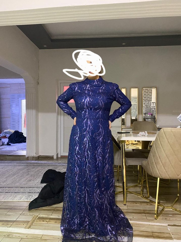 Uzun Kollu Yılan Desenli Mor Uzun Abiye Elbise sifir elbise - Görsel 3