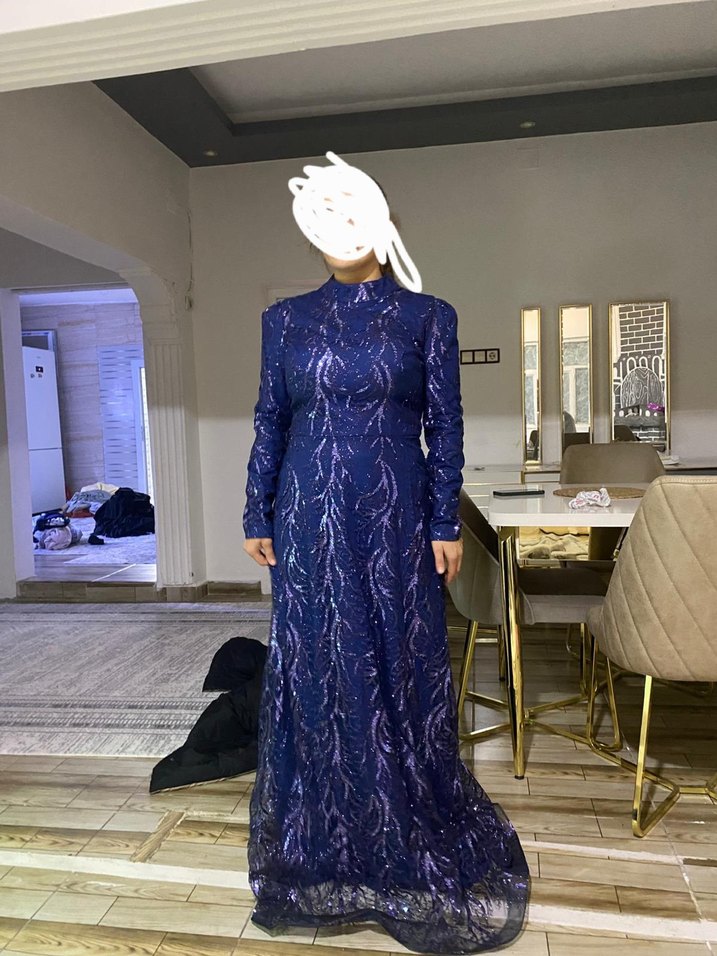 Uzun Kollu Yılan Desenli Mor Uzun Abiye Elbise sifir elbise - Görsel 2