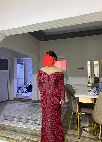 Bordo Uzun Kollu Drapeli Abiye Elbise sifir urun 44 beden - Görsel 2