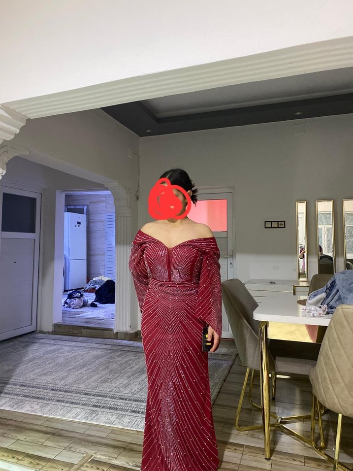 Bordo Uzun Kollu Drapeli Abiye Elbise sifir urun 44 beden - Görsel 2