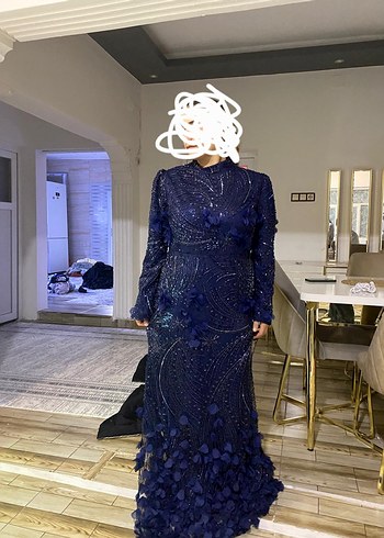 Lacivert Uzun Kollu Drapeli Abiye Elbise sifir urun 44 beden - Görsel 2