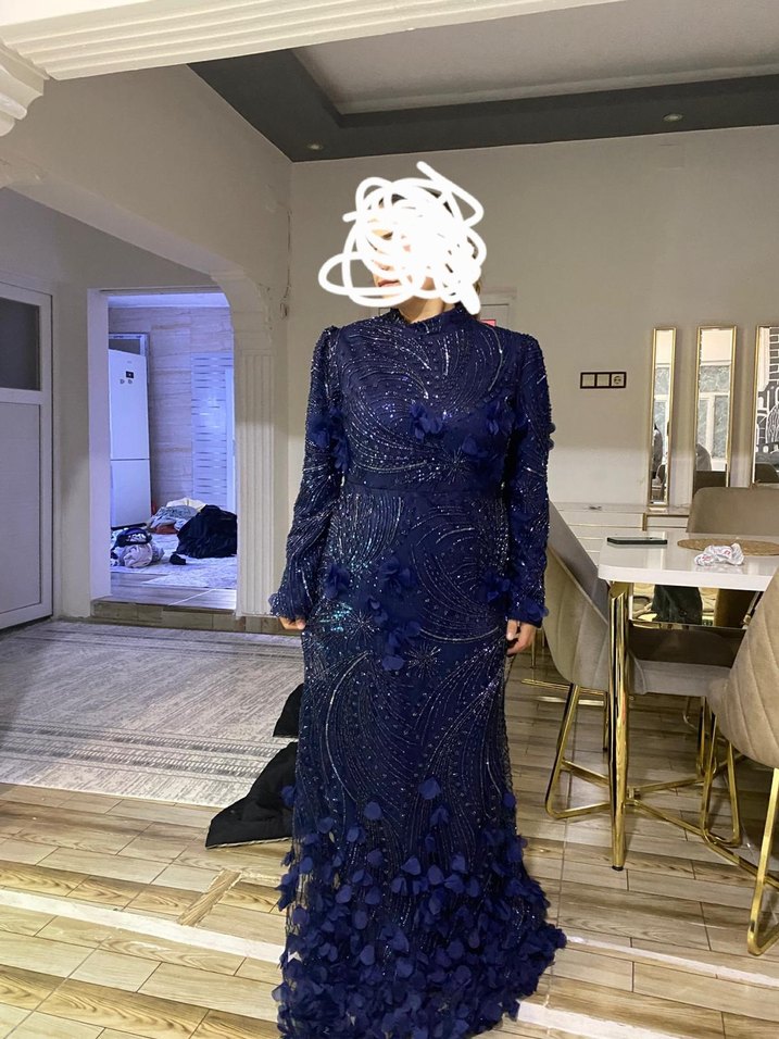 Lacivert Uzun Kollu Drapeli Abiye Elbise sifir urun 44 beden - Görsel 2