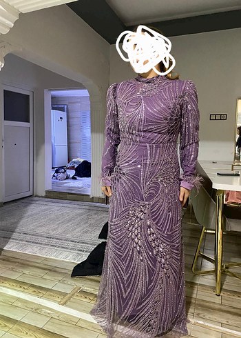 Uzun Mor Drapeli Kadın Abiye Elbise sifir urun 42 beden - Görsel 3