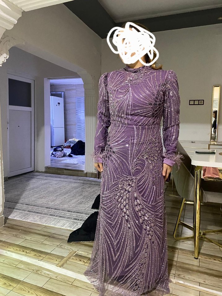 Uzun Mor Drapeli Kadın Abiye Elbise sifir urun 42 beden - Görsel 3