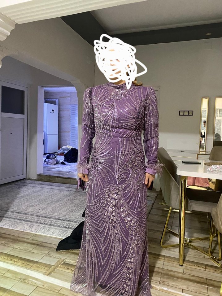 Uzun Mor Drapeli Kadın Abiye Elbise sifir urun 42 beden - Görsel 2