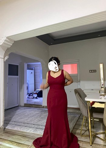 Bordo Uzun Kollu V Yaka Drapeli Kadın Abiye sifir urun 44 beden - Görsel 3