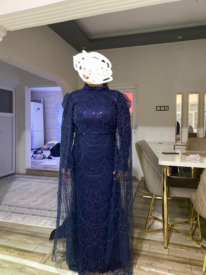 Lacivert Drapeli Uzun Abiye Elbise sifir urun 42 beden - Görsel 2