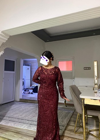 Bordo Uzun Kollu V Yaka Abiye Elbise sifir urun 42 bedwn - Görsel 2