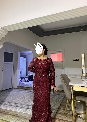 Bordo Uzun Kollu V Yaka Abiye Elbise sifir urun 42 bedwn - Görsel 3