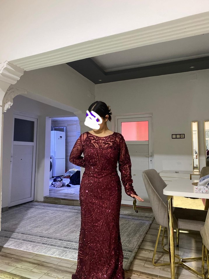 Bordo Uzun Kollu V Yaka Abiye Elbise sifir urun 42 bedwn - Görsel 2