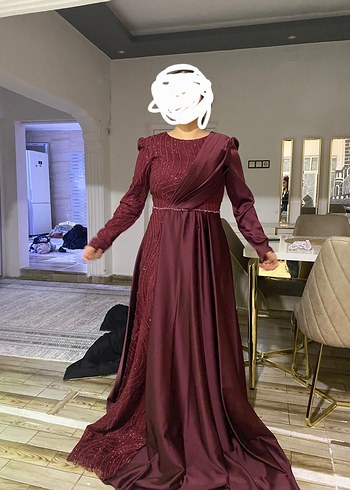 Bordo Uzun Kollu Drapeli Abiye Elbise sifir urundür 42 44 - Görsel 2
