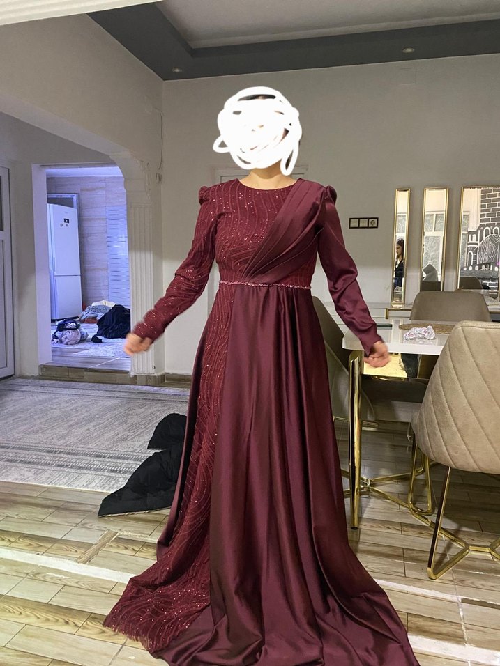 Bordo Uzun Kollu Drapeli Abiye Elbise sifir urundür 42 44 - Görsel 2