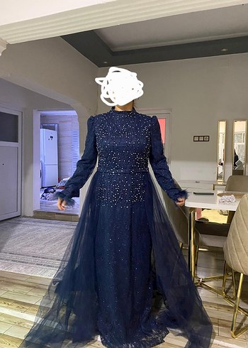 Uzun Kollu Lacivert Drapeli Abiye Elbise sifir urun 42 44 beden - Görsel 2