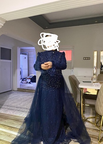 Uzun Kollu Lacivert Drapeli Abiye Elbise sifir urun 42 44 beden - Görsel 3