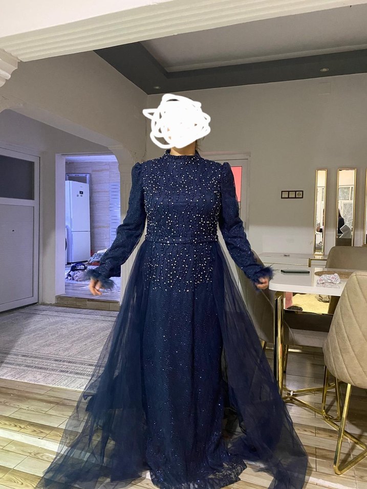 Uzun Kollu Lacivert Drapeli Abiye Elbise sifir urun 42 44 beden - Görsel 2