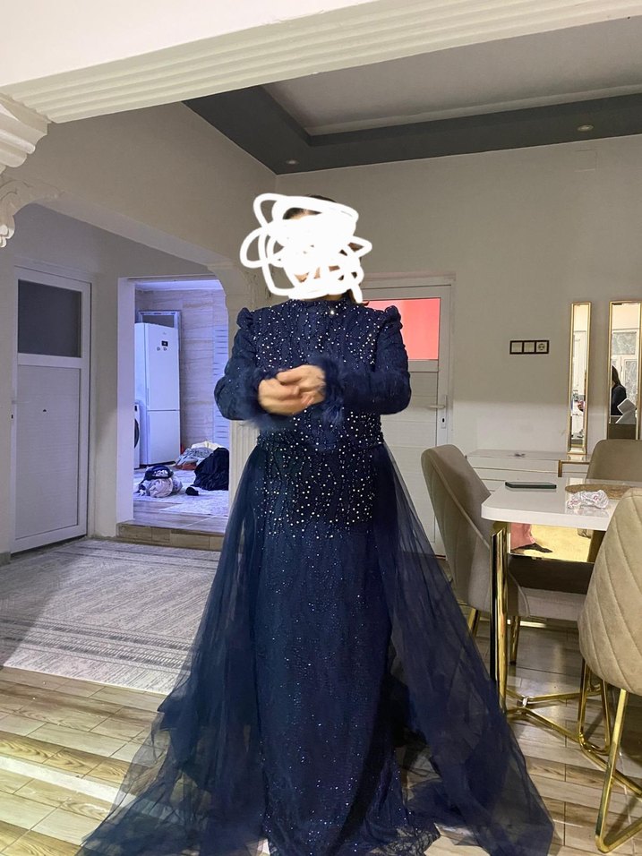 Uzun Kollu Lacivert Drapeli Abiye Elbise sifir urun 42 44 beden - Görsel 3