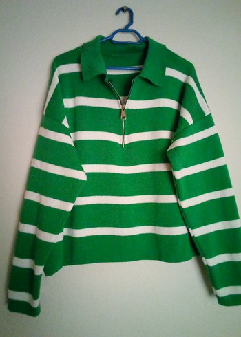 Yeşil Beyaz Çizgili Uzun Kollu Triko Kazak - Görsel 2