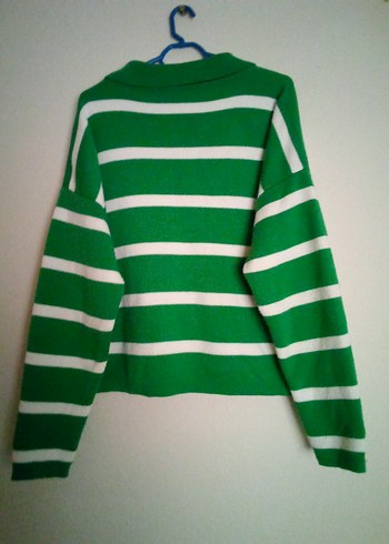 Yeşil Beyaz Çizgili Uzun Kollu Triko Kazak - Görsel 4