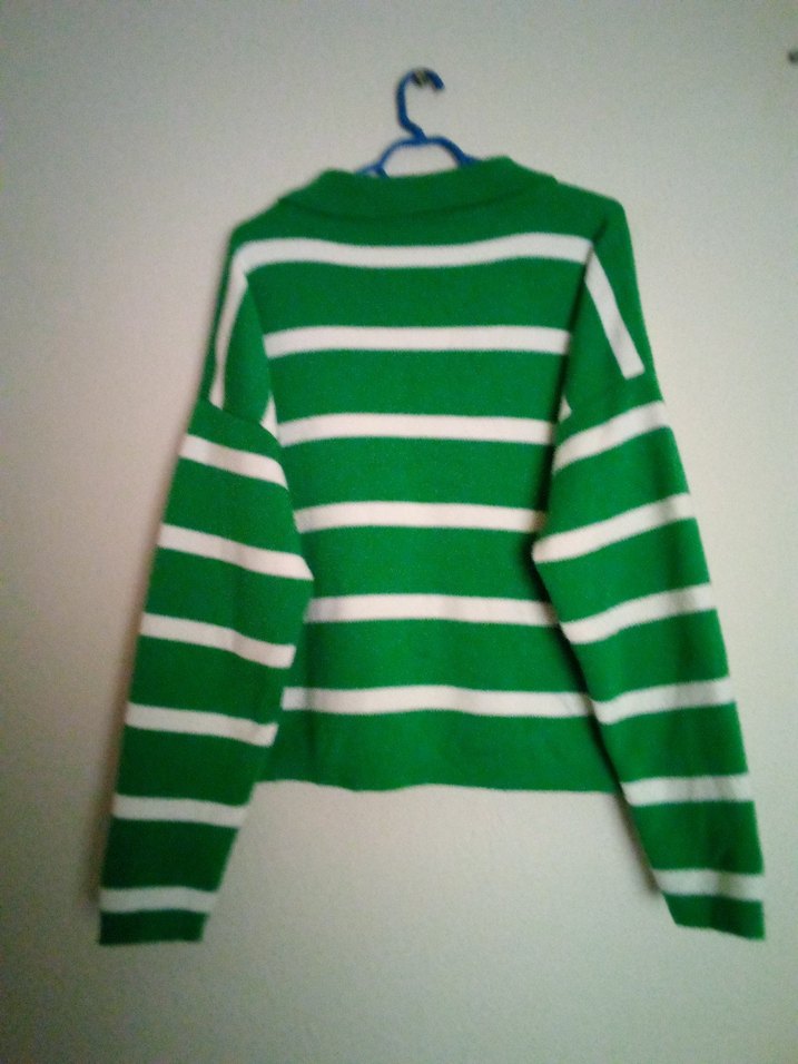 Yeşil Beyaz Çizgili Uzun Kollu Triko Kazak - Görsel 3