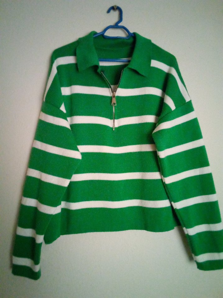 Yeşil Beyaz Çizgili Uzun Kollu Triko Kazak - Görsel 2