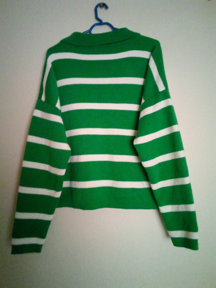 Yeşil Beyaz Çizgili Uzun Kollu Triko Kazak - Görsel 4