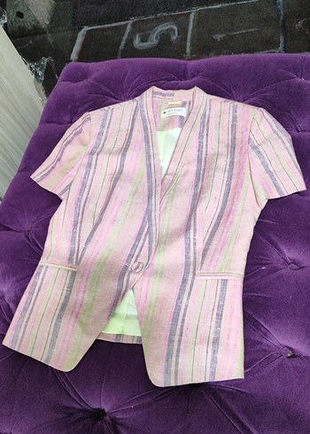 34 Beden Düğmeli Kısa Kollu Pembe Kadın Blazer Ceket