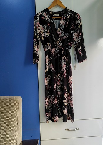 Kadın Siyah Çiçekli Uzun Bohem Elbise - Görsel 2