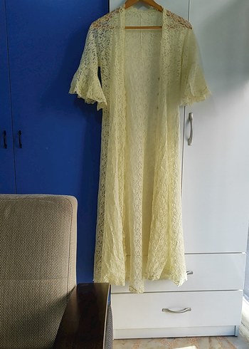 Vintage Bohem Uzun sarı Dantel Sabahlık - Görsel 6