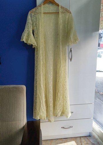 Vintage Bohem Uzun sarı Dantel Sabahlık - Görsel 4