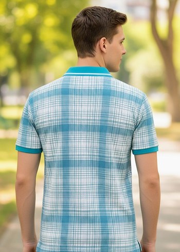 Turkuaz Gri Kareli Kısa Kollu Polo Tişört - Görsel 2