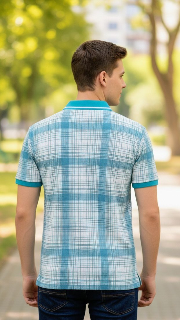 Turkuaz Gri Kareli Kısa Kollu Polo Tişört - Görsel 2