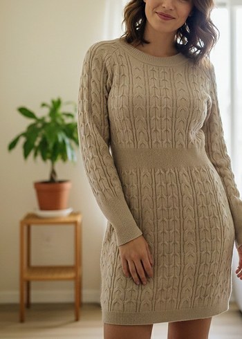 Bej Örgü Kadın Triko Elbise - Görsel 2
