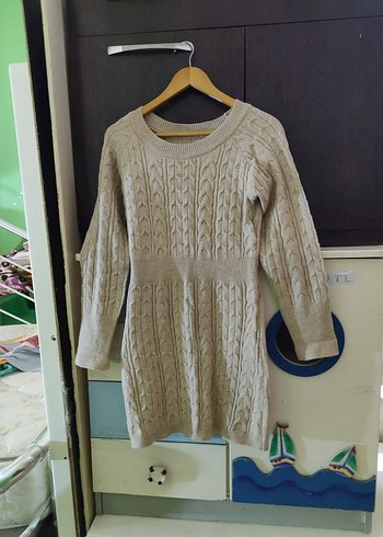 Bej Örgü Kadın Triko Elbise - Görsel 12