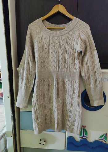 Bej Örgü Kadın Triko Elbise - Görsel 11