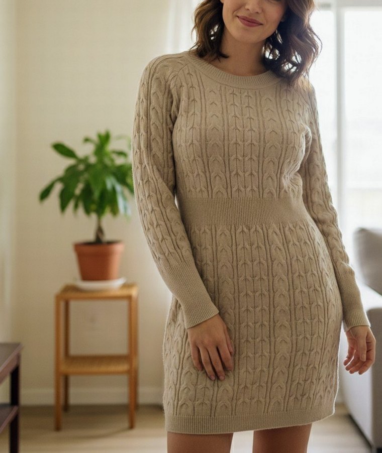 Bej Örgü Kadın Triko Elbise - Görsel 2