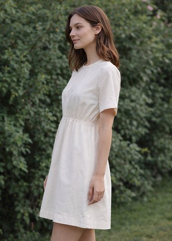 krem Keten Midi likralı Elbise - Görsel 7