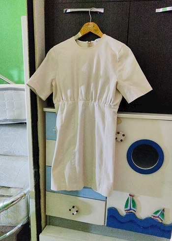 krem Keten Midi likralı Elbise - Görsel 8