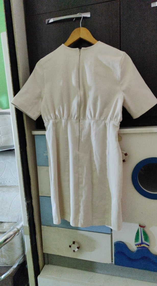 krem Keten Midi likralı Elbise - Görsel 5