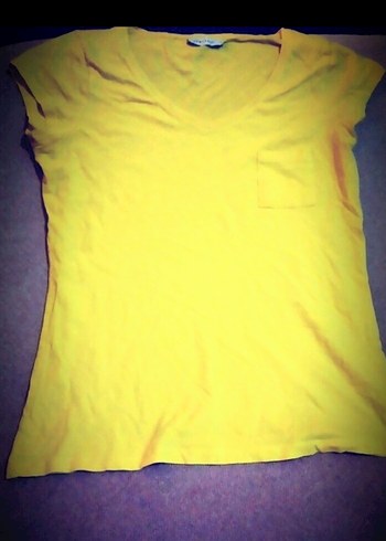 Sarı V Yaka Kadın Tişört - Görsel 2