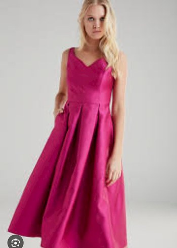 Pembe V Yakalı Saten Midi Elbise - Görsel 2