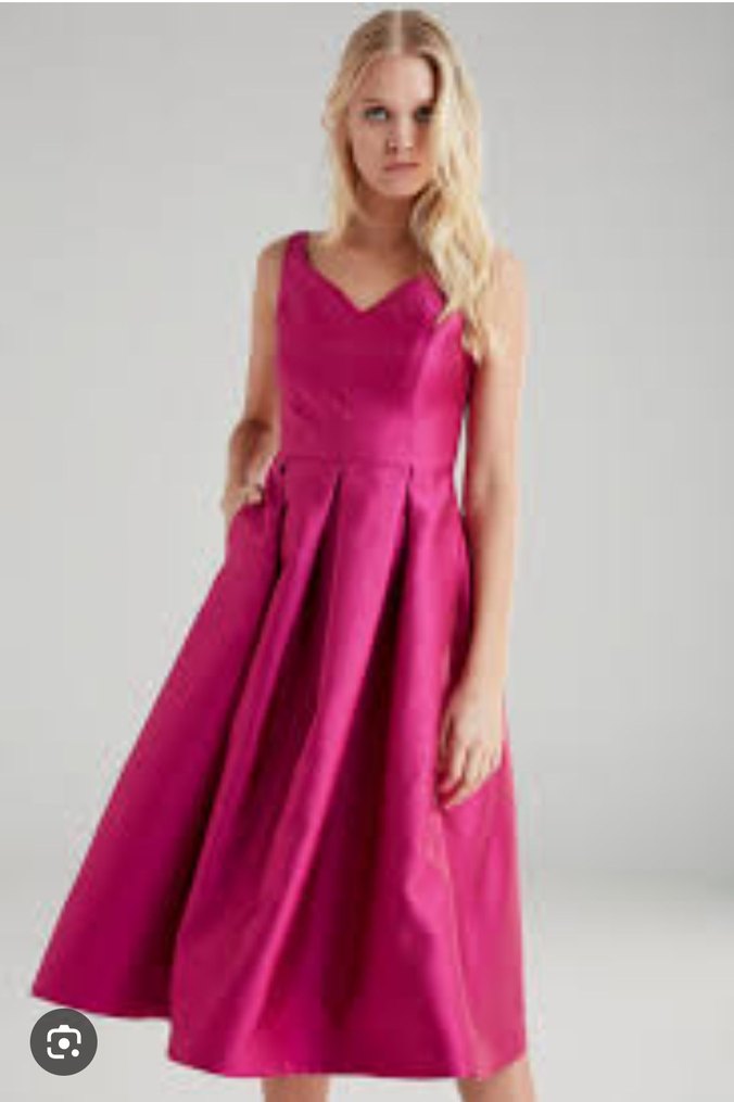 Pembe V Yakalı Saten Midi Elbise - Görsel 2