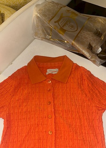 Urban Outfitters Düğmeli Kısa Kollu Turuncu Keten Gömlek