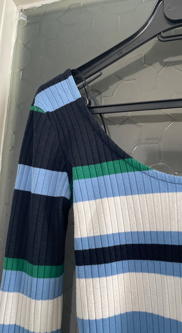 Çizgili, Uzun Kollu, V Yaka Kadın Kazak - Görsel 2