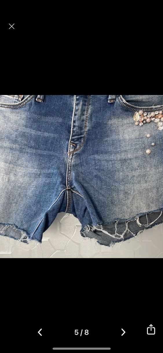 Boncuk İşlemeli Mavi Mini Denim Şort - Görsel 5