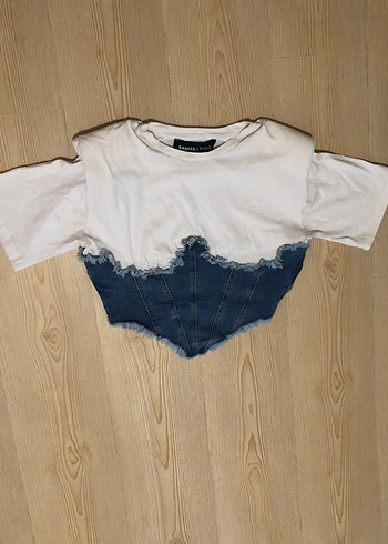 Sagaza Studio Denim Korseli Crop Tişört